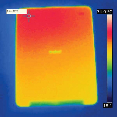 同样在温度上控制得很好，高温度为30.9℃，发热区域则为机身左上角一小块。